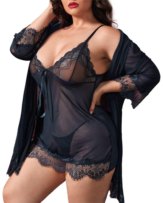 Sexy Lingerie, PUTUO Lingerie for Women Plus Size, 3 Piece Lace Mesh Babydoll Kimono Robe Set