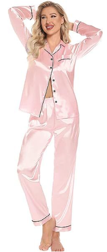 PUTUO Elegant Women's Satin Long-Sleeve Pajama Set - Soft, All-Season Comfort with V-Neck Perfect for Lounging