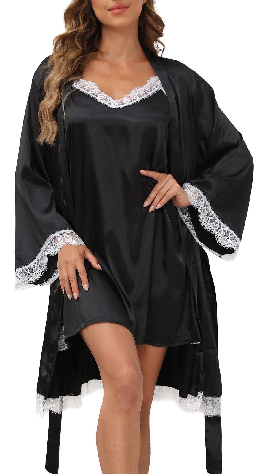 Sexy Lingerie, PUTUO Lingerie for Women, 2pcs Lace Cami Nightgown with Robes, Womens Lingerie Satin Silk Robe