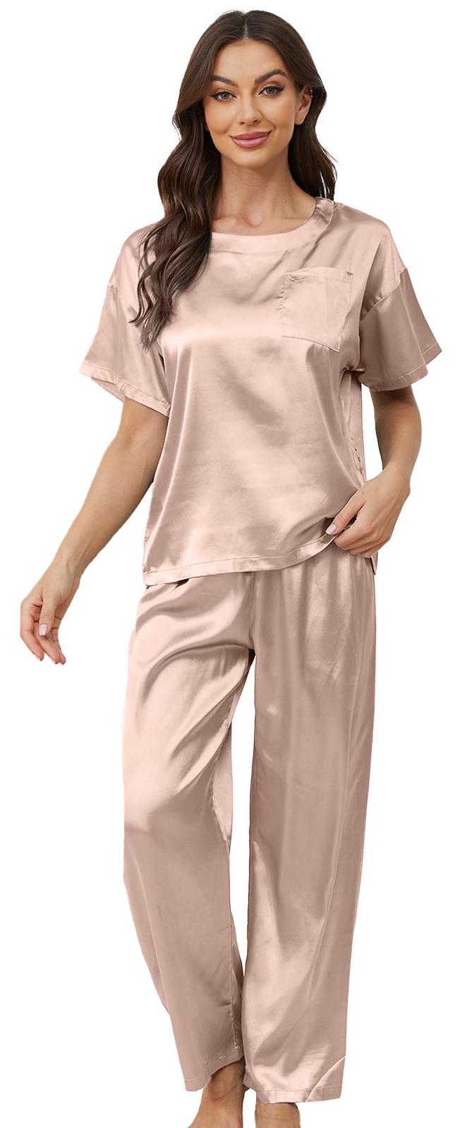 Womens Silk Satin Pajama Set, PUTUO Womens Pajamas, Soft Luxurious Womens Loungewear Short Sleeve Long Pajama Pant Set with Pocket