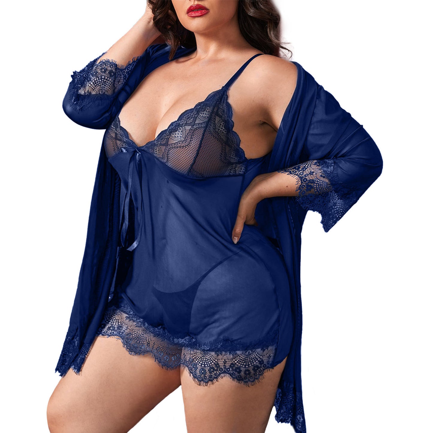 Sexy Lingerie, PUTUO Lingerie for Women Plus Size, 3 Piece Lace Mesh Babydoll Kimono Robe Set