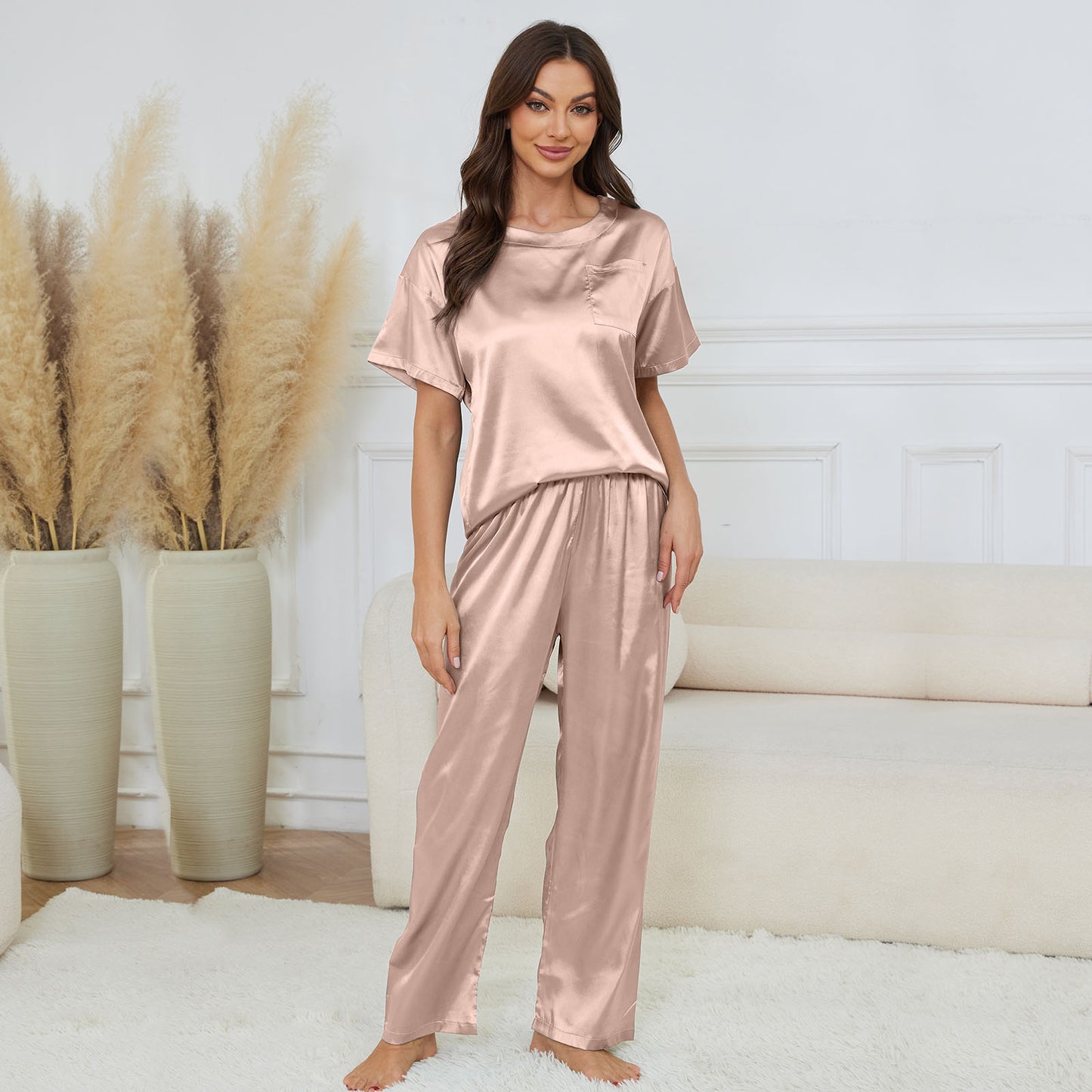 Womens Silk Satin Pajama Set, PUTUO Womens Pajamas, Soft Luxurious Womens Loungewear Short Sleeve Long Pajama Pant Set with Pocket