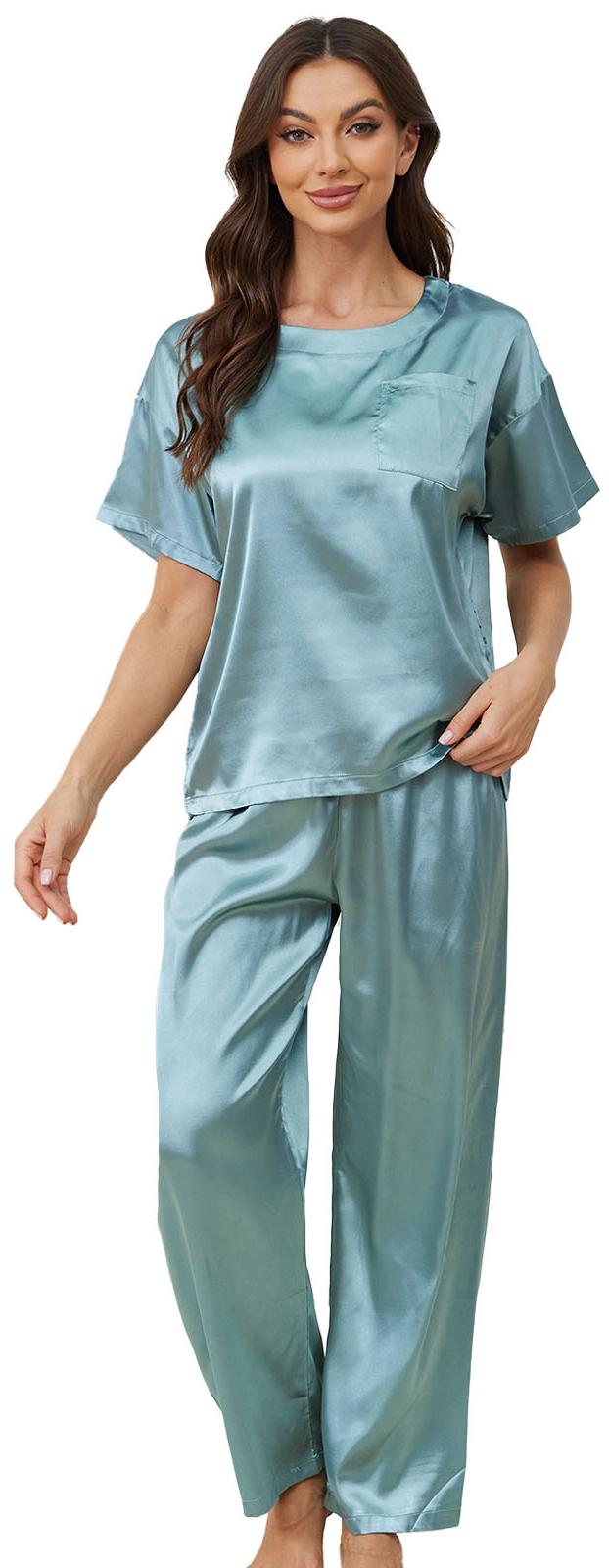 Womens Silk Satin Pajama Set, PUTUO Womens Pajamas, Soft Luxurious Womens Loungewear Short Sleeve Long Pajama Pant Set with Pocket