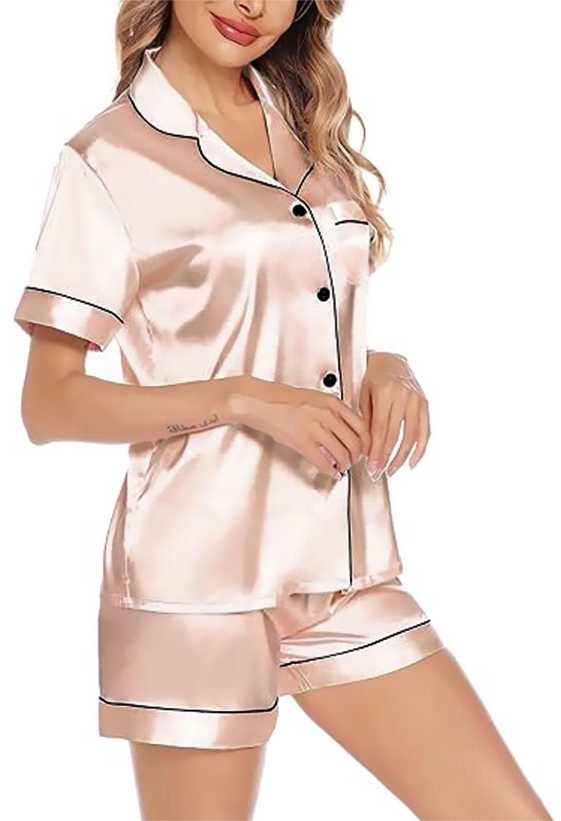 Satin Pajamas for Women, PUTUO Womens Pajama sets, Soft Short Sleeve Button Down Pajama Set Two-Piece Womens Pajamas