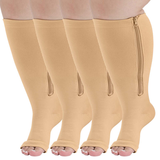 2 Zipper Open Toe Compression Socks, PUTUO Compression Socks for Women and Men, Plus Size Wide Calf Circulation Pressure Support Stockings 20-30 mmhg