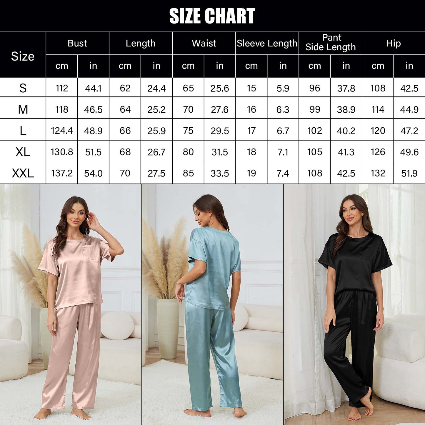 Womens Silk Satin Pajama Set, PUTUO Womens Pajamas, Soft Luxurious Womens Loungewear Short Sleeve Long Pajama Pant Set with Pocket