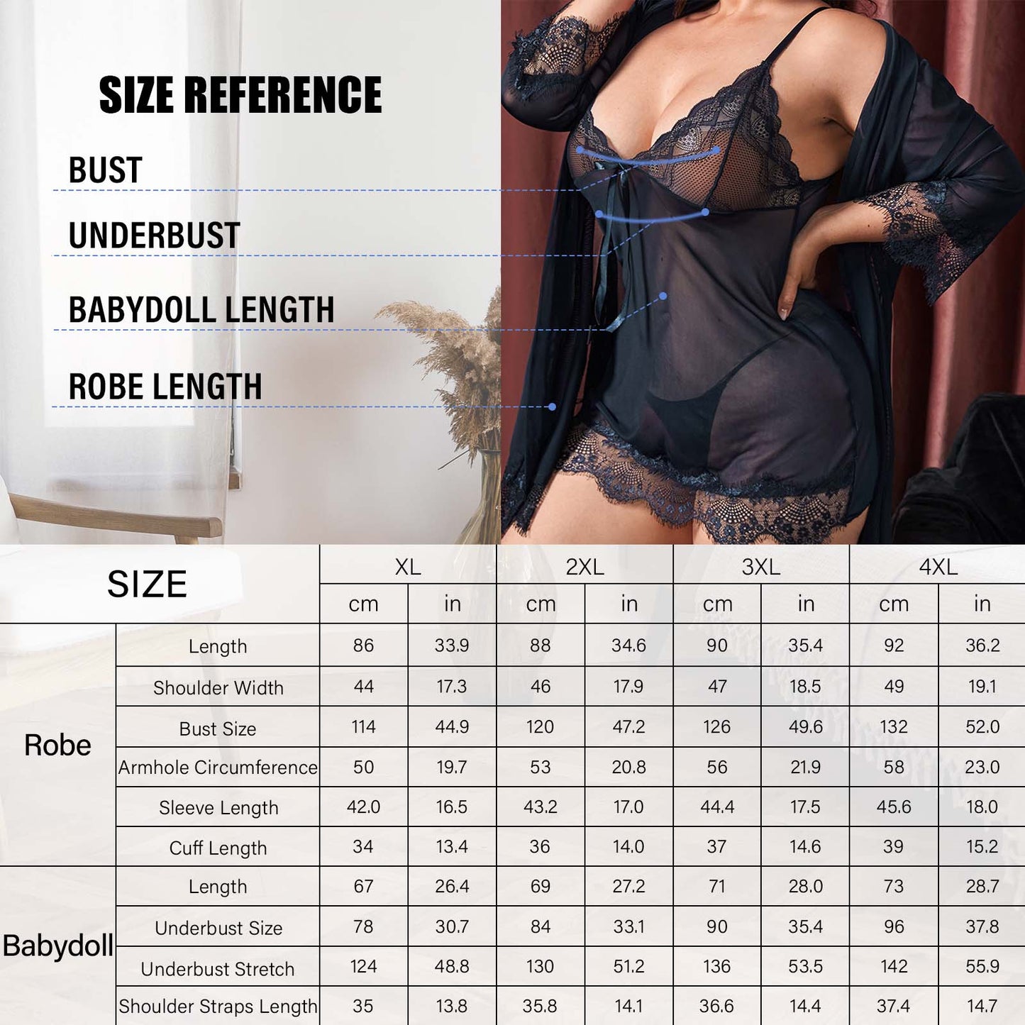 Sexy Lingerie, PUTUO Lingerie for Women Plus Size, 3 Piece Lace Mesh Babydoll Kimono Robe Set