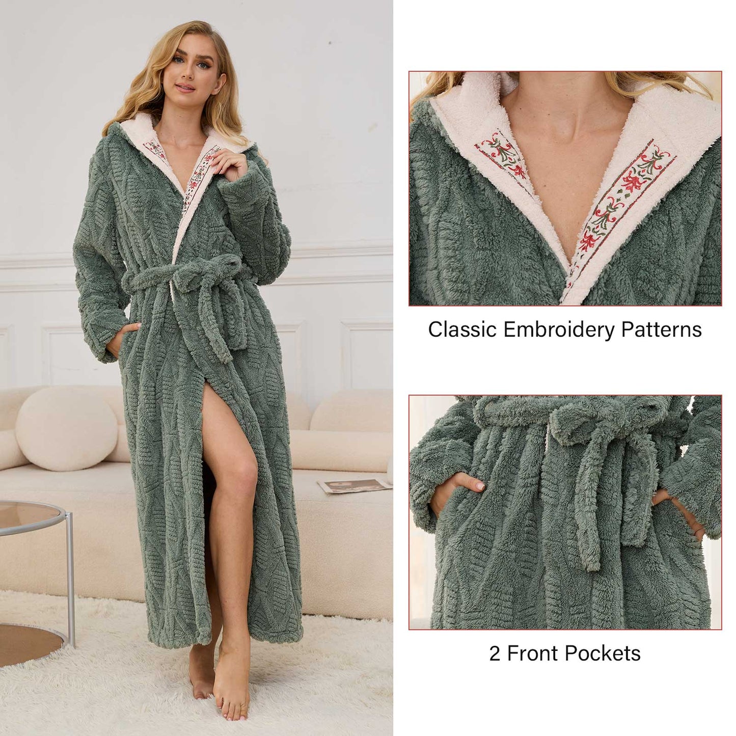 Robes for Women, PUTUO Hooded Womens Robes, Plush Soft Fluffy Long Robe, Comfy Spa Nightgown Housecoat with Side Pocket, Winter Warm Sleepwear Gift for Women