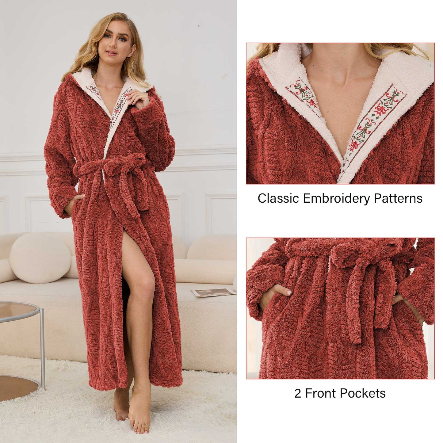 Robes for Women, PUTUO Hooded Womens Robes, Plush Soft Fluffy Long Robe, Comfy Spa Nightgown Housecoat with Side Pocket, Winter Warm Sleepwear Gift for Women