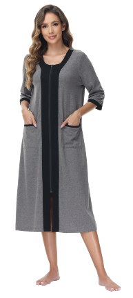 Women Zipper Robe, PUTUO Robes for Women, Soft Robe with Pockets Nightgown 3/4 Sleeves Zipper Front Womens Robes Lightweight Housecoat