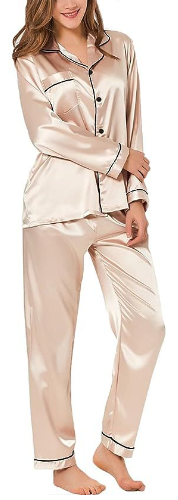 PUTUO Elegant Women's Satin Long-Sleeve Pajama Set - Soft, All-Season Comfort with V-Neck Perfect for Lounging