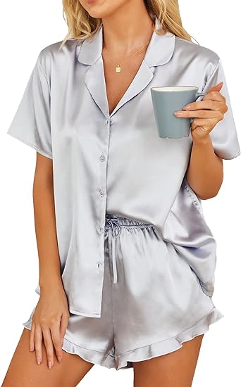 Satin Pajamas for Women, PUTUO Womens Pajama sets, Ruffle Soft Short Sleeve Shorts Set Button Down Pajama Set