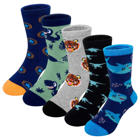 Kids Socks, PUTUO Boys Socks, Soft Cotton Novelty Socks Bright Colorful Funny Animal Pattern Crew Socks for Children 2-12 Years, 5 Pairs