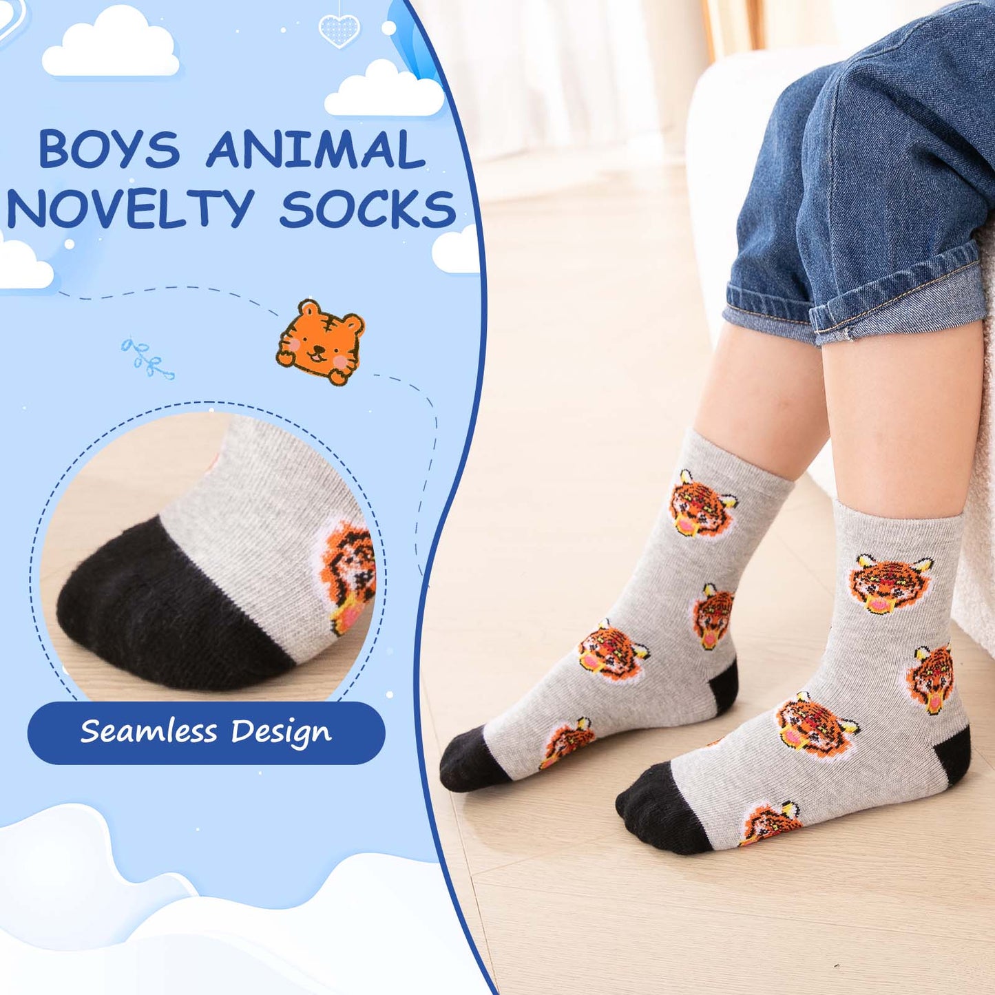 Kids Socks, PUTUO Boys Socks, Soft Cotton Novelty Socks Bright Colorful Funny Animal Pattern Crew Socks for Children 2-12 Years, 5 Pairs