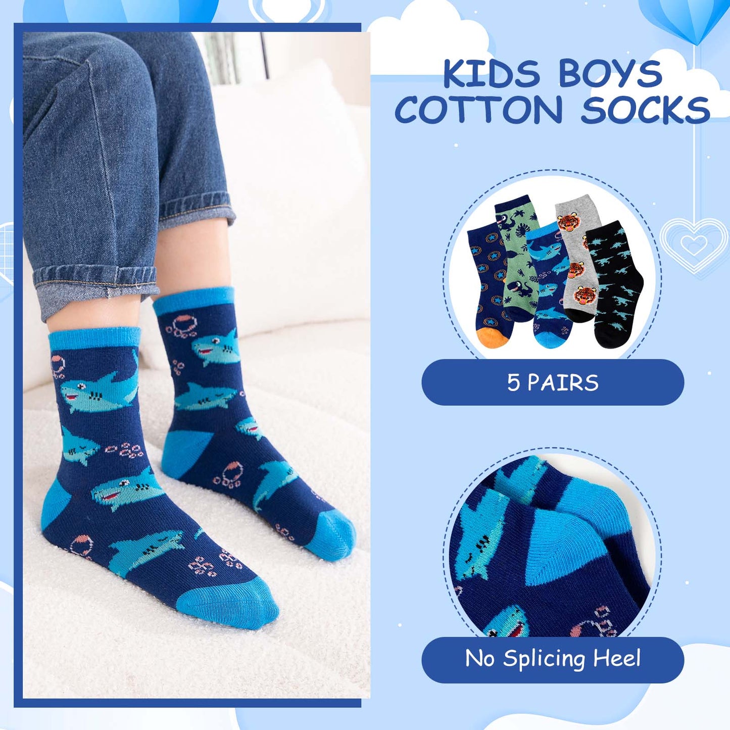 Kids Socks, PUTUO Boys Socks, Soft Cotton Novelty Socks Bright Colorful Funny Animal Pattern Crew Socks for Children 2-12 Years, 5 Pairs