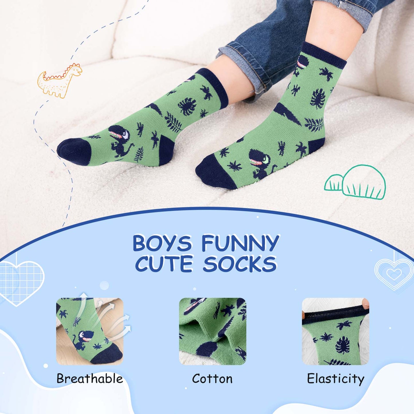 Kids Socks, PUTUO Boys Socks, Soft Cotton Novelty Socks Bright Colorful Funny Animal Pattern Crew Socks for Children 2-12 Years, 5 Pairs