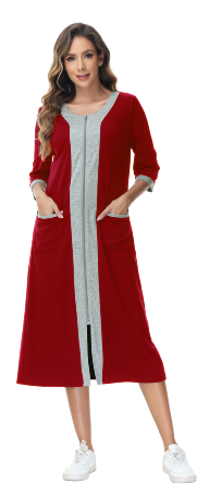 Women Zipper Robe, PUTUO Robes for Women, Soft Robe with Pockets Nightgown 3/4 Sleeves Zipper Front Womens Robes Lightweight Housecoat