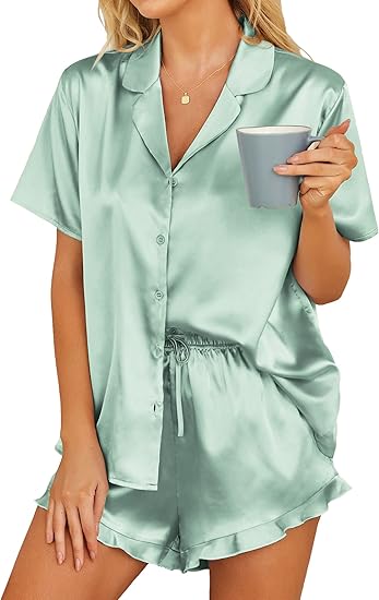 Satin Pajamas for Women, PUTUO Womens Pajama sets, Ruffle Soft Short Sleeve Shorts Set Button Down Pajama Set