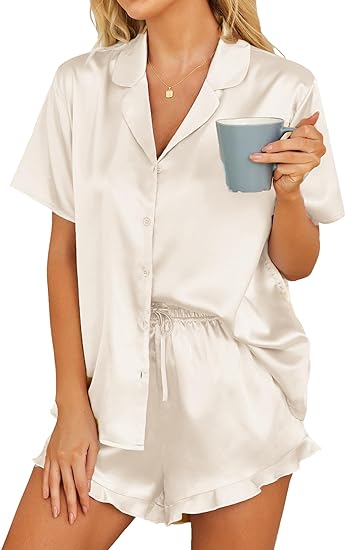 Satin Pajamas for Women, PUTUO Womens Pajama sets, Ruffle Soft Short Sleeve Shorts Set Button Down Pajama Set