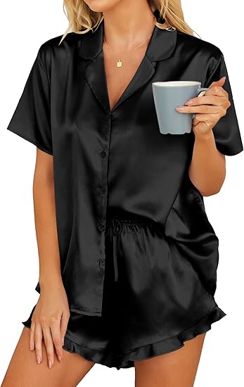 Satin Pajamas for Women, PUTUO Womens Pajama sets, Ruffle Soft Short Sleeve Shorts Set Button Down Pajama Set