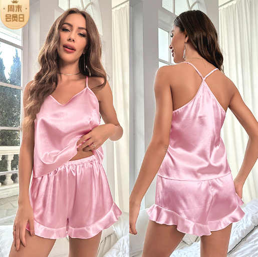 Womens Pajama Sets, PUTUO Womens Sexy Silk Satin Ruffled Pajamas Sets, Cami Shorts Set Soft Nightwear