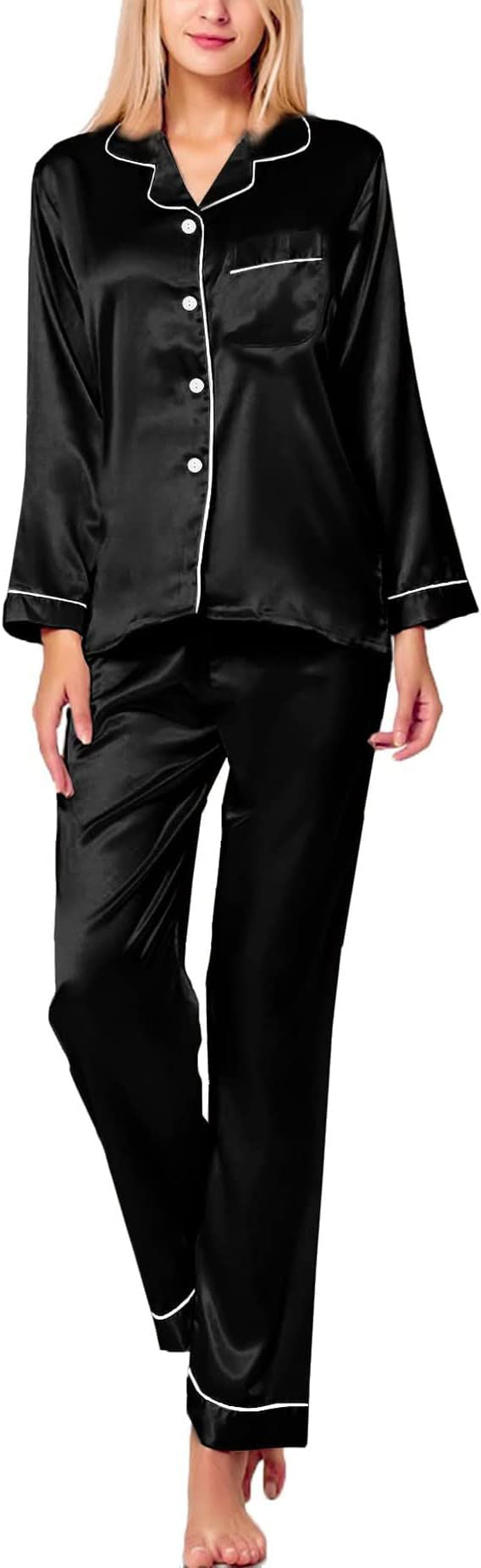 PUTUO Elegant Women's Satin Long-Sleeve Pajama Set - Soft, All-Season Comfort with V-Neck Perfect for Lounging