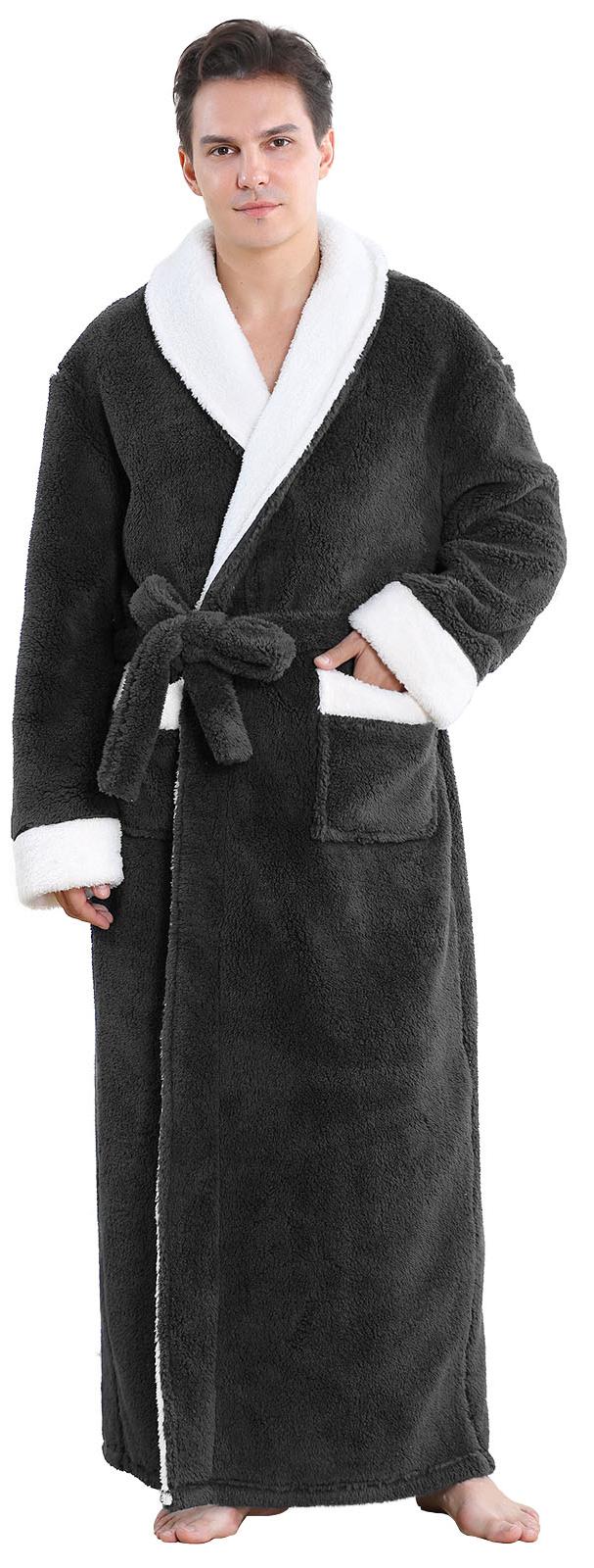 Mens Robe, PUTUO Robes for Men, Soft Plush Full Length Robe Winter Warm Fuzzy Luxury Spa Dressing Gown with Pockets Shawl Collar Housecoat