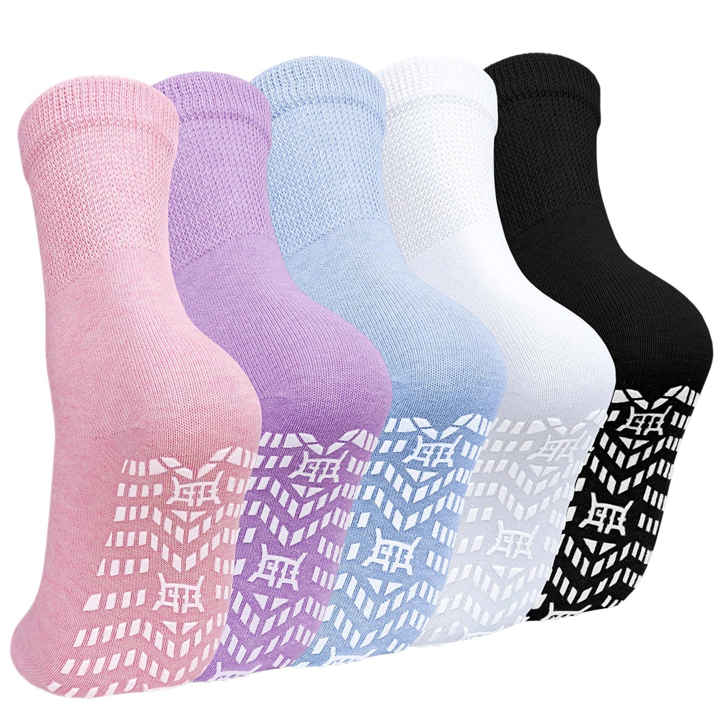 Non Slip Socks for Women, PUTUO Grip Socks, Cotton Crew Socks for Women, Ideal for Yoga, Pilates, Hospital, 5-Pair