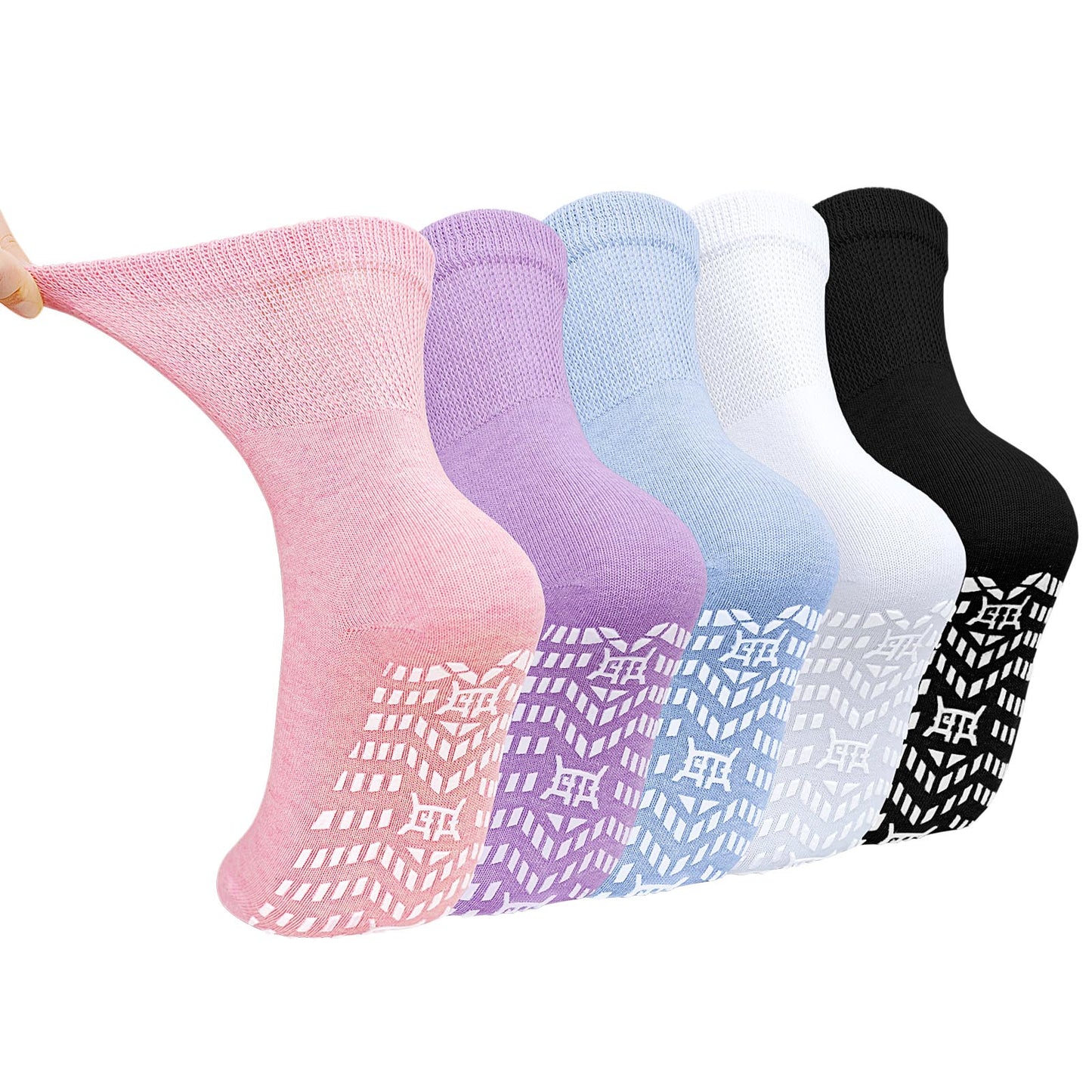 Non Slip Socks for Women, PUTUO Grip Socks, Cotton Crew Socks for Women, Ideal for Yoga, Pilates, Hospital, 5-Pair