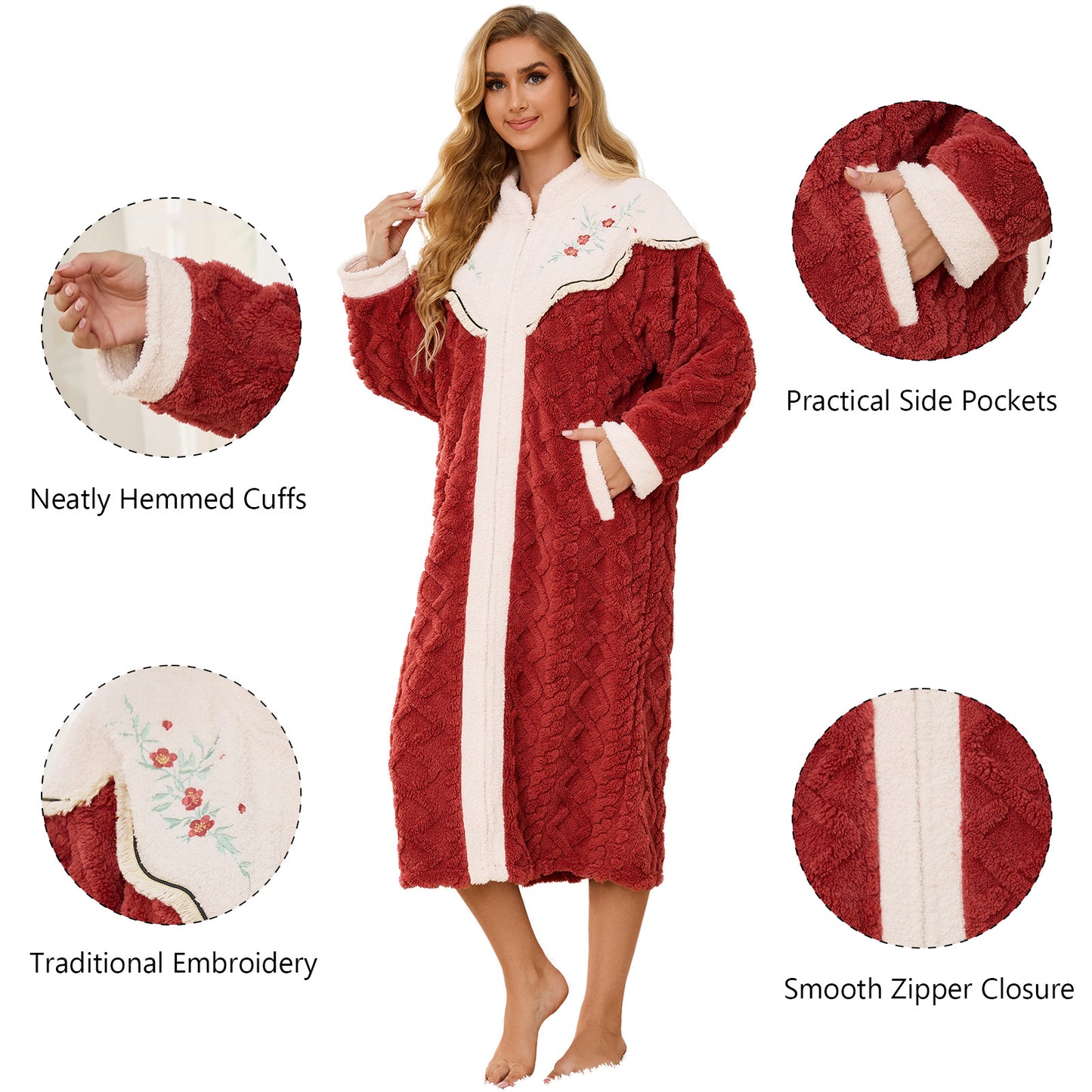 Robes for Women, PUTUO Womens Zipper Robe, Fuzzy Warm Soft Fluffy Zipper Housecoat, Zip Up Front Plus Size Bathrobe with Pockets, Winter Warm Sleepwear Gift for Women