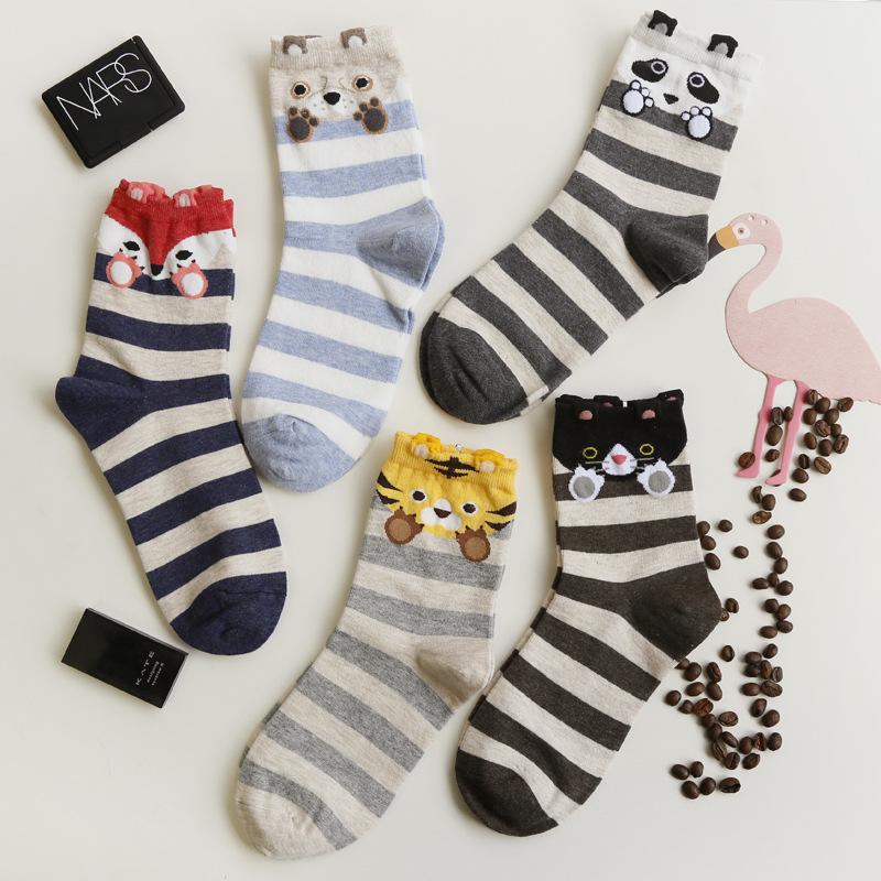 5 pairs stripes animal socks for women