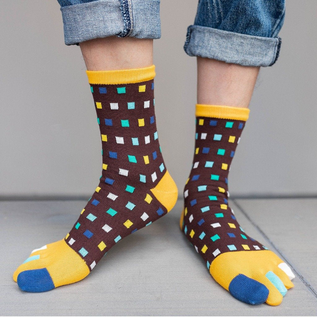 brown and yellow vibrant crew socks for men