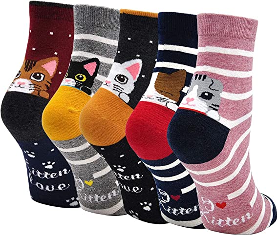 Womens Funny Cute Animal Socks Ladies Cotton Socks Funky Cartoon Dog Socks Novelty Crew Socks, Christmas Gift, 5 Pairs