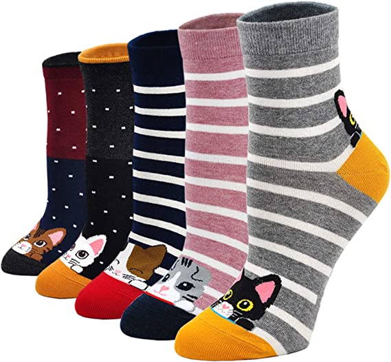 Womens Funny Cute Animal Socks Ladies Cotton Socks Funky Cartoon Dog Socks Novelty Crew Socks, Christmas Gift, 5 Pairs