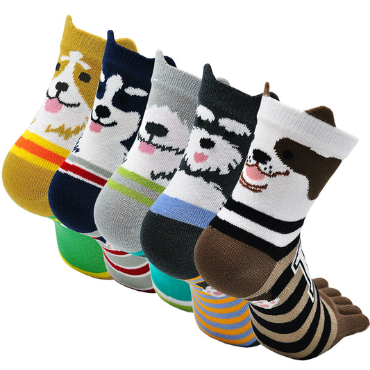 PUTUO Cute Dog Design 5 Finger Crew  Socks for Women, 5 Pairs