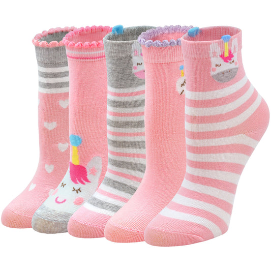 PUTUO Cute Unicorn Design Pink Socks for Girls, 5 Pairs