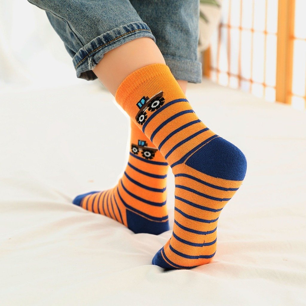 Premium orange striped tractor crew socks for boys