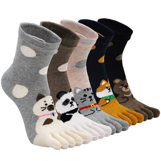 PUTUO Cute Polka Dots Animal Design 5 Finger Crew Socks for Women, 5 Pairs