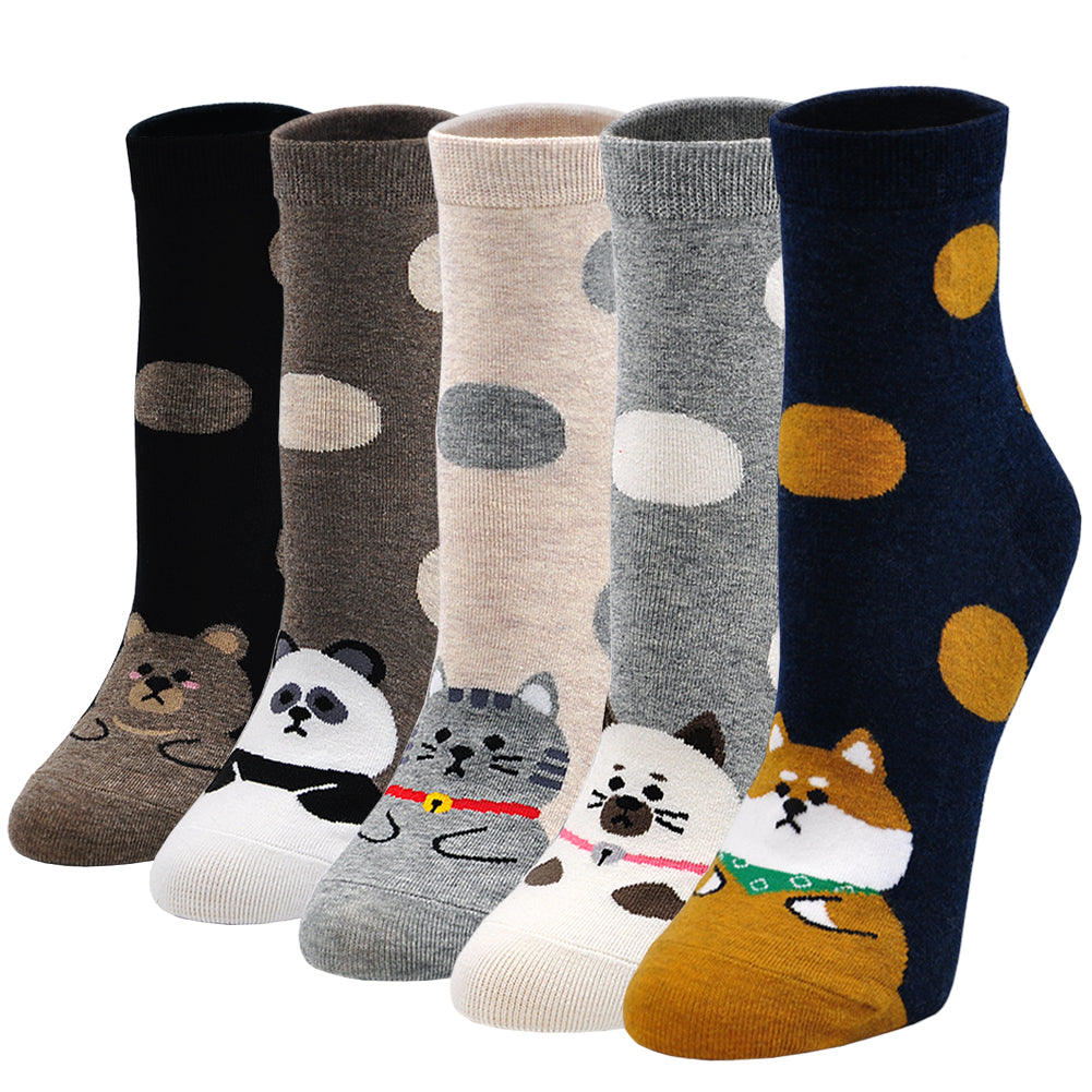 PUTUO Cute Polka Dots Animal Design Socks for Women, 5 Pairs