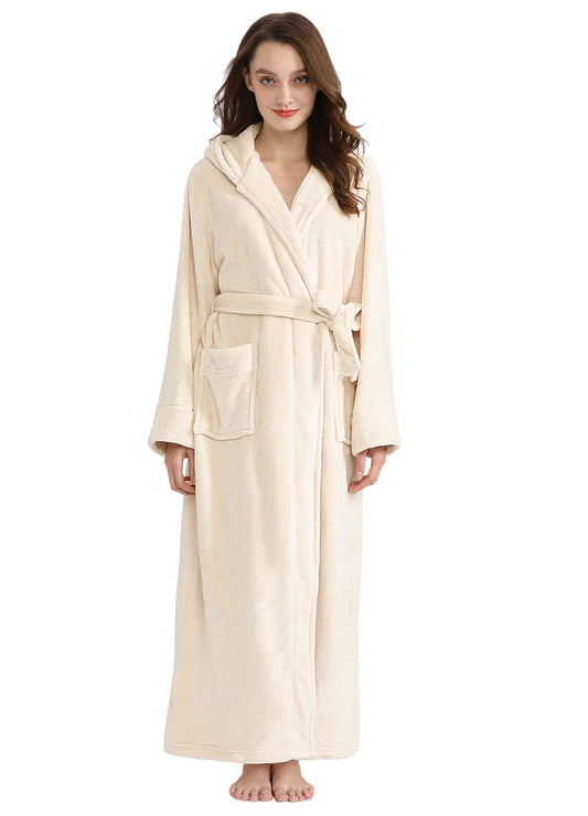 PUTUO Long Sleeves Ankle Length Fluffy Flannel Dressing Gown Bathrobe with Hood Sleep Wear Winter Wedding Robe