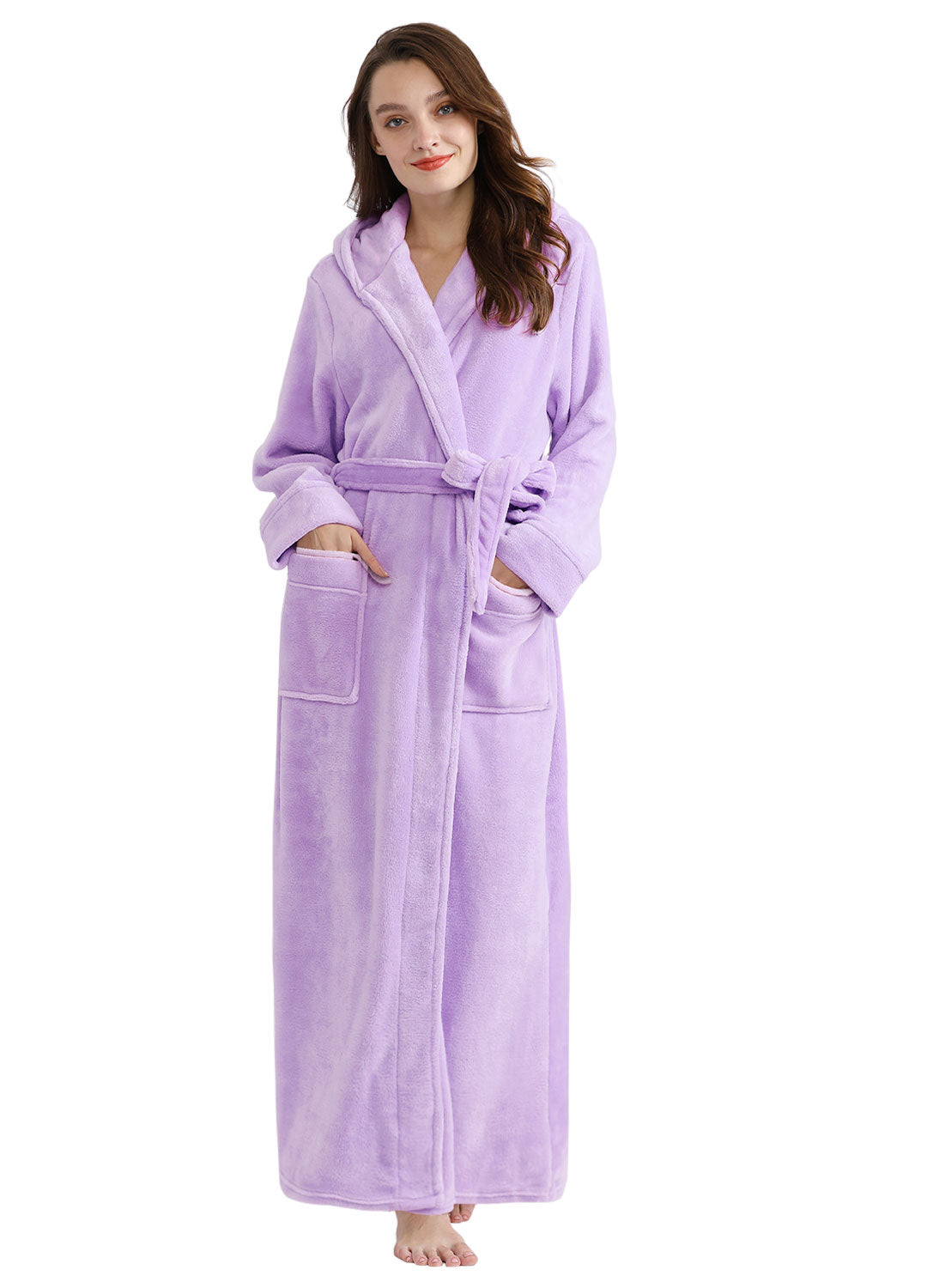 PUTUO Long Sleeves Ankle Length Fluffy Flannel Dressing Gown Bathrobe with Hood Sleep Wear Winter Wedding Robe