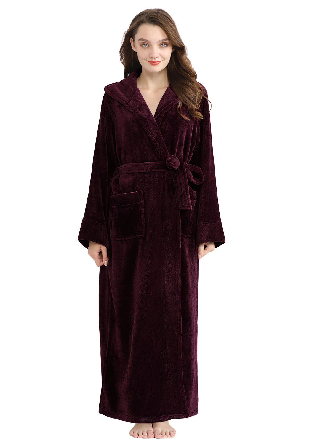 PUTUO Long Sleeves Ankle Length Fluffy Flannel Dressing Gown Bathrobe with Hood Sleep Wear Winter Wedding Robe