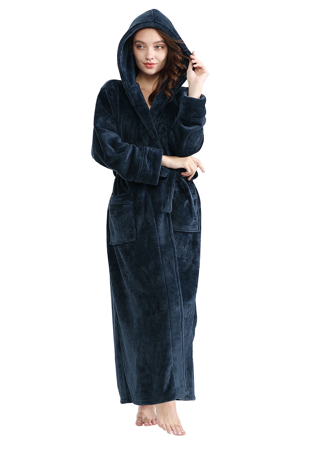 PUTUO Long Sleeves Ankle Length Fluffy Flannel Dressing Gown Bathrobe with Hood Sleep Wear Winter Wedding Robe