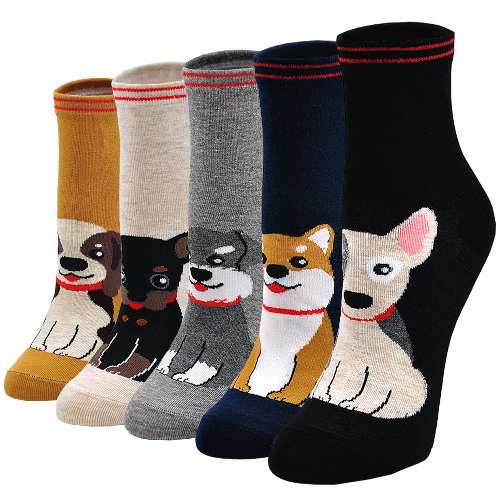 PUTUO Cute Dog Design Premium Quality  Socks for Women, 5 Pairs