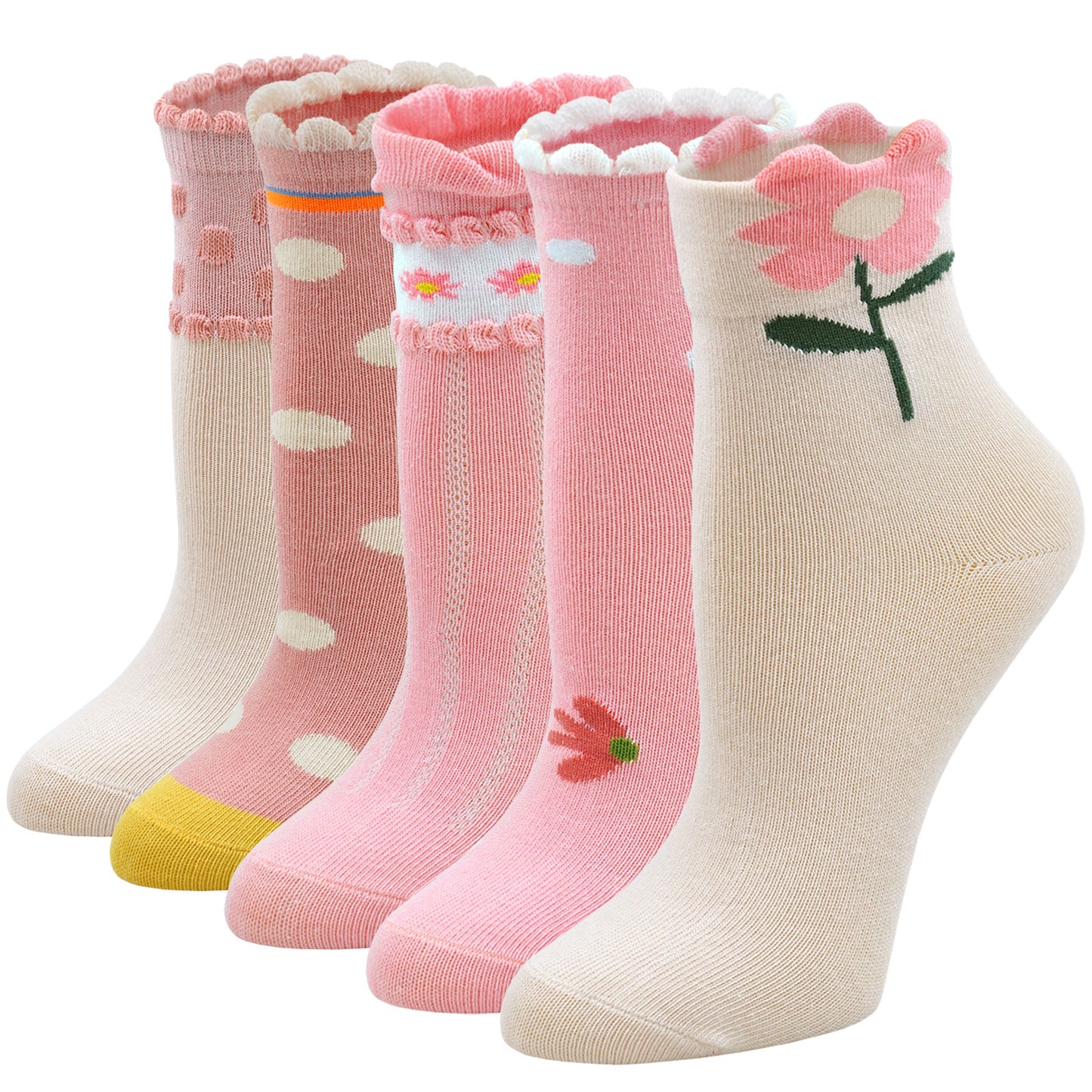 PUTUO Cute Design Pink Socks for Girls, 5 Pairs