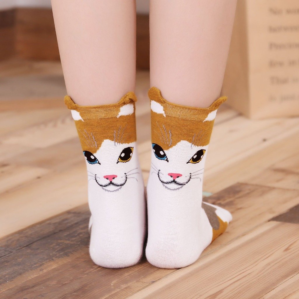 cute cat graphic crew socks for women