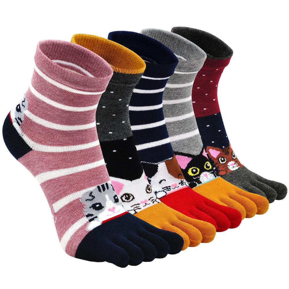 PUTUO Cute Cat Design 5 Finger Crew Socks for Women, 5 Pairs