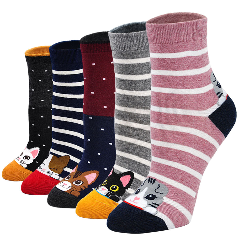 PUTUO Cute Cat Design Socks for Women, 5 Pairs