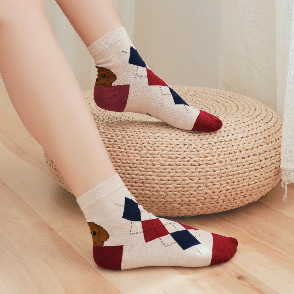 cute puppy plaid crew socks for women