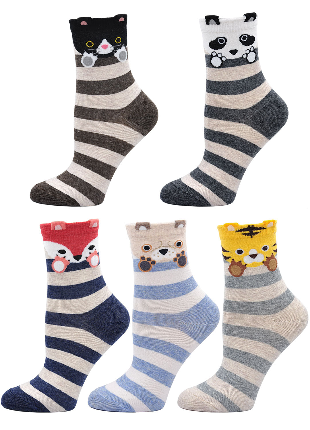 PUTUO Cute Stripes Animal Design Socks for Women, 5 Pairs